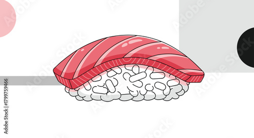 A close up image of a fresh tuna sushi piece with rice below and some abstract shapes in the background.