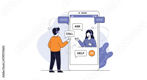 Online customer support concept with a man interacting via a mobile app with a female call center agent, offering help and call options.