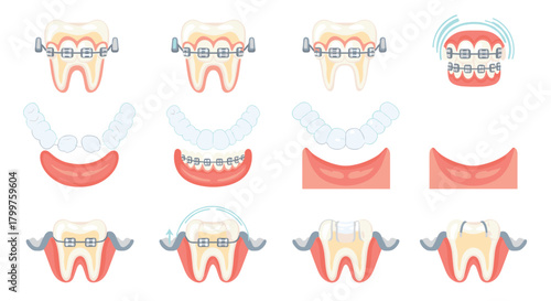 A detailed collection of orthodontic treatments, including traditional braces, clear aligners, and various dental appliances, for correcting teeth alignment.