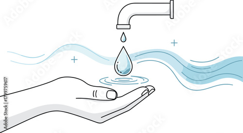 A single drop of water falls from a faucet into a cupped hand, illustrating the vital concept of water conservation and scarcity.