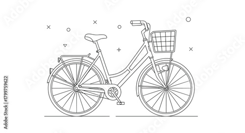 Minimalist line art drawing of a vintage-style commuter bicycle featuring a convenient front basket and practical rear rack.