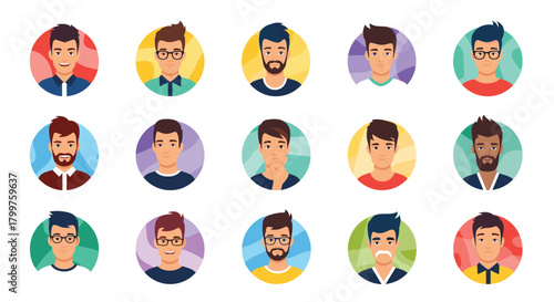 Collection of diverse flat design male avatars featuring young men with various hairstyles, facial hair, and glasses, perfect for user profiles.
