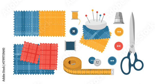 A vibrant collection of essential sewing and crafting supplies, including patterned fabric swatches, thread, buttons, a thimble, and scissors.