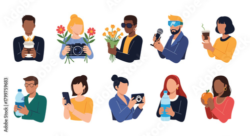 Diverse group of people engaged in everyday activities, showcasing hobbies, drinks, and healthy lifestyle choices with various objects.