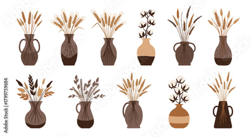 Earthy toned vases showcasing dried floral arrangements including wheat, cotton branches, and grasses, ideal for home decor.