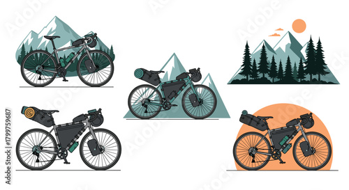 Illustrative collection of bikepacking and touring bicycles, fully equipped for outdoor adventure against scenic mountain, forest, and sunrise backdrops.