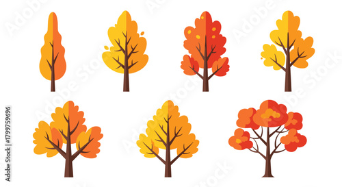A collection of stylized autumn trees in flat design, featuring vibrant orange and yellow foliage, perfect for seasonal designs.