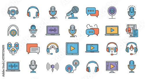 A diverse set of colorful line icons illustrating podcasting, audio recording, broadcasting, and online communication tools and concepts.