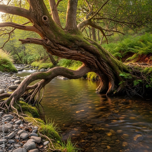 A serene scene of a moss-covered tree leaning over a gently flowing river in a lush, green forest during daytime with soft sunlight filtering through the leaves