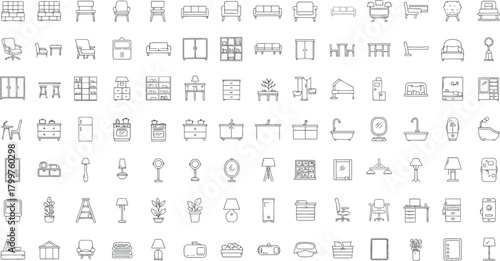Collection of handdrawn furniture and home decor icons isolated on