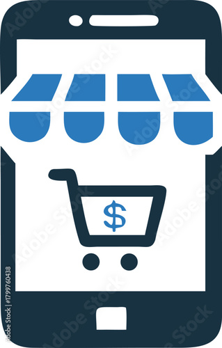 Phone displays shopping cart and store awning symbolizing mobile commerce with easy online buying