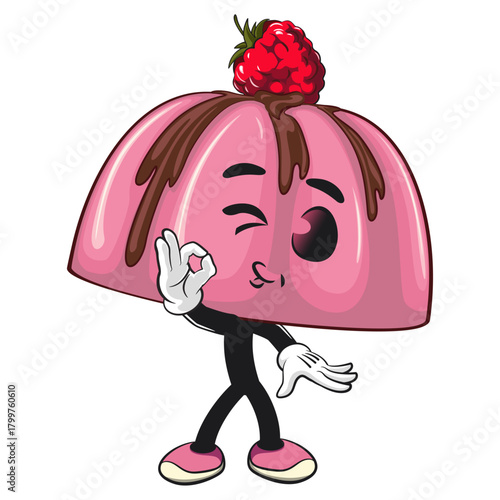cute pink jelly dessert mascot cartoon vector food illustration, adorable raspberry pudding character with Chocolate Topping giving an okay sign, work of hand drawn