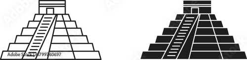 Ancient Mayan pyramid vector illustration, Chichen Itza temple outline and solid icon, historical architecture landmark design for culture, travel, and tourism concept