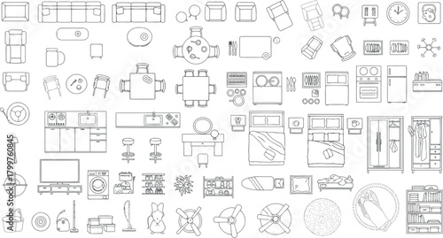 Collection of handdrawn furniture and home object sketches, isolated on