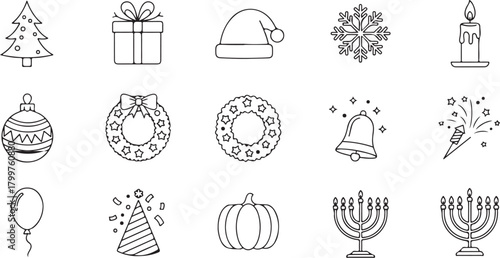 Holiday and Celebration Icons Set christmas tree gift box