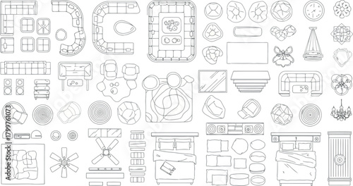Variety of furniture and home decor icons, isolated on