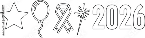New Year 2026 Celebration Icons Keywords: star, balloon, ribbon, sparkler, 2026, new year