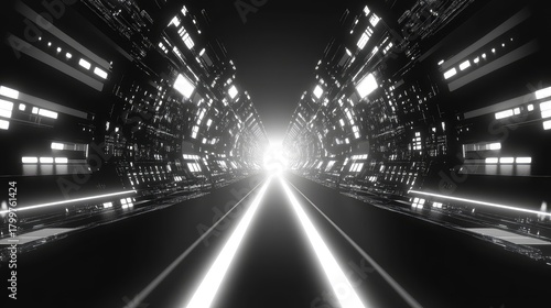 Fototapeta Naklejka Na Ścianę i Meble -  Futuristic black and white light tunnel technology background