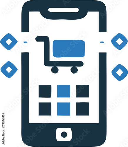 Mobile commerce icon displays shopping cart and items with surrounding icons