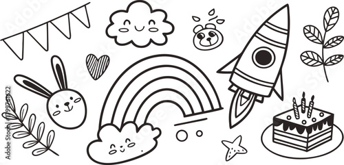Whimsical hand-drawn doodle elements for joyful celebrations, featuring a cute bunny, soaring rocket, vibrant rainbow, and festive birthday cake, ideal for children's projects