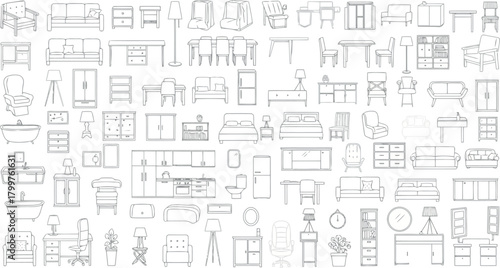Variety of handdrawn furniture and home decor icons, isolated on