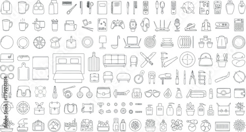 Collection of handdrawn icons representing various objects and items, isolated on