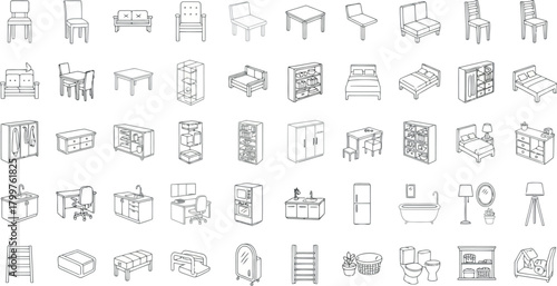 Assortment of furniture icons and objects in a sketch style isolated on