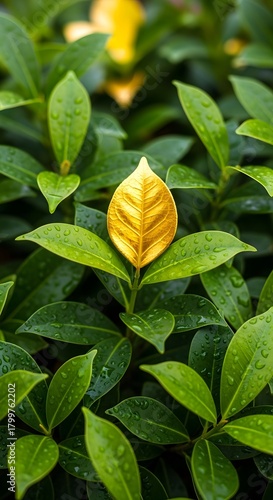 Close-up of vibrant green leaves with a single yellow leaf in the center, covered in water droplets, amidst lush foliage in natural sunlight