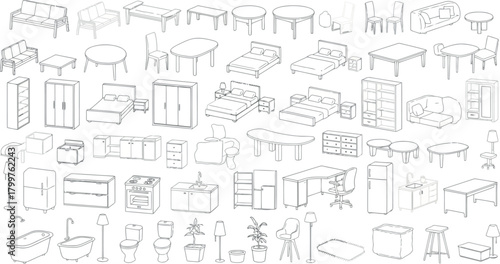 Assortment of handdrawn home furnishing sketches isolated on