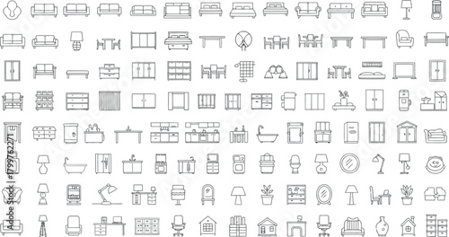 Collection of handdrawn furniture sketches isolated on