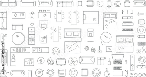 Collection of topdown furniture icons and architectural elements isolated on
