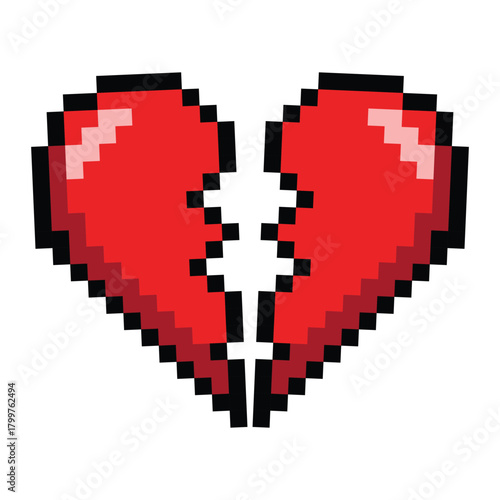 Pixelated broken heart isolated on white background, a symbol of heartbreak, loss, and the end of a relationship or love affair