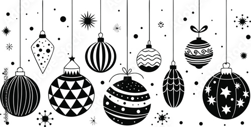 A festive collection of black and white hanging Christmas ball ornaments with decorative patterns, a simple holiday illustration