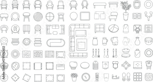 Collection of furniture and architectural elements in a topdown view, isolated on