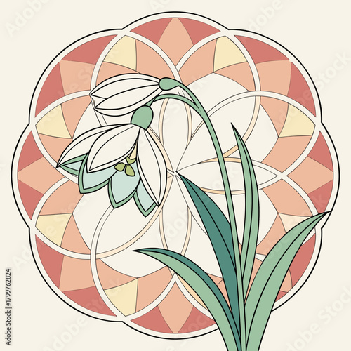 Art nouveau snowdrops with geometric mandala background