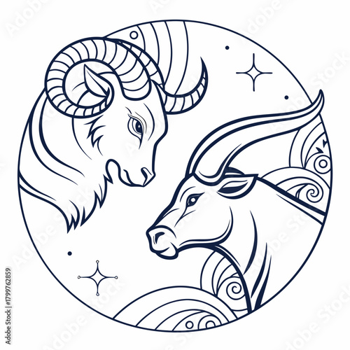 Aries and taurus zodiac signs in stylized circular design