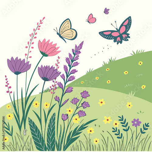 Butterflies fluttering over a field of wildflowers on a sunny day
