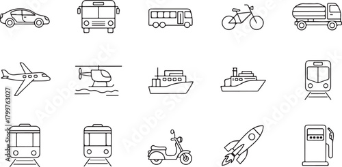 Transportation Icons Set Outline bicycle truck