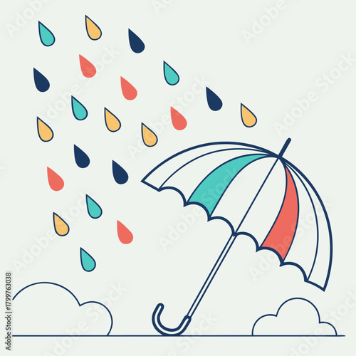Colorful umbrella protecting against falling raindrops and clouds