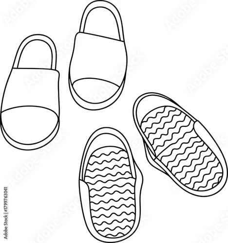 Top and bottom view shoe sketch, slip-on footwear design, sole pattern illustration, black line drawing, cad drawing flat vector illustration
