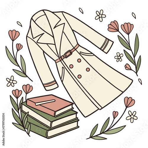 Cozy reading scene with trench coat and flowers