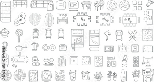 Collection of handdrawn furniture and home decor elements, isolated on