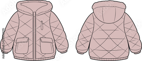 Children’s quilted winter jacket fashion sketch, hooded outerwear design, front and back view, cad drawing flat vector illustration