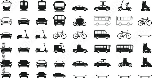 Transportation icon set vector illustration, public and private vehicle symbols, mobility and transit design layout, cad drawing flat vector illustration