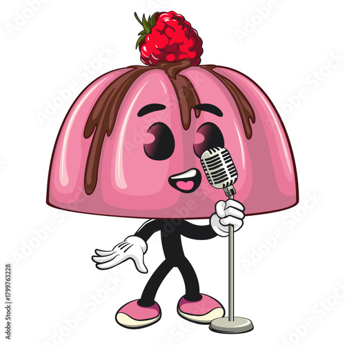 cute pink jelly dessert mascot cartoon vector food illustration, adorable raspberry pudding character with Chocolate Topping on front of the mic, work of hand drawn