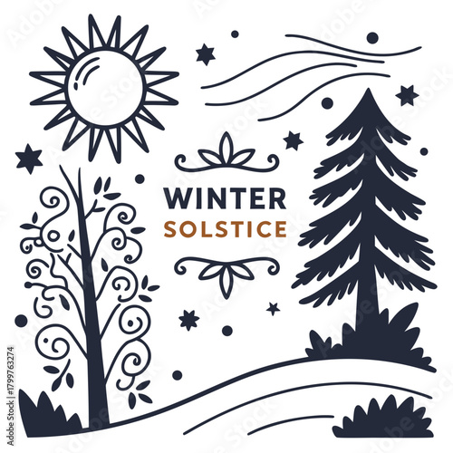 WINTER SOLSTICE vector illustration isolated on white background