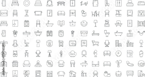 Collection of handdrawn furniture and home decor icons, isolated on