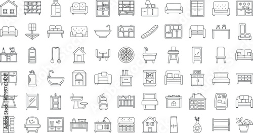Assortment of sketched furniture and home decor elements on white