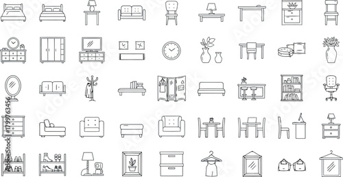 Collection of handdrawn furniture icons on a