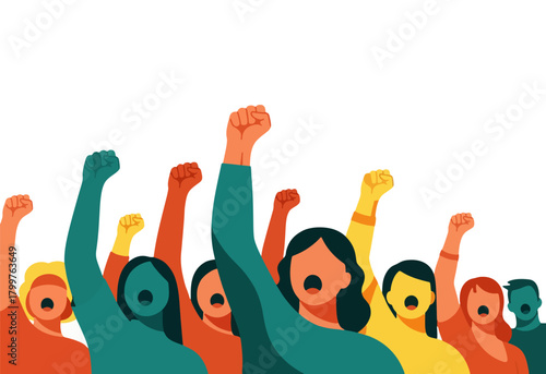 group of activists with mouths open in chant and fists raised